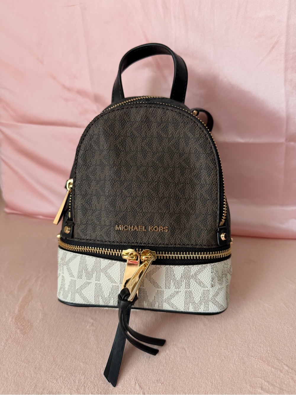 Michael Kors Brown & Cream Signature Mini Backpack with Gold Hardware